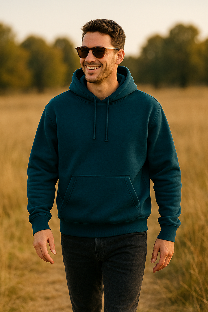 Teal Plain Cotton Hoodie For Unisex - 350GSM Anti-Fade Fabric